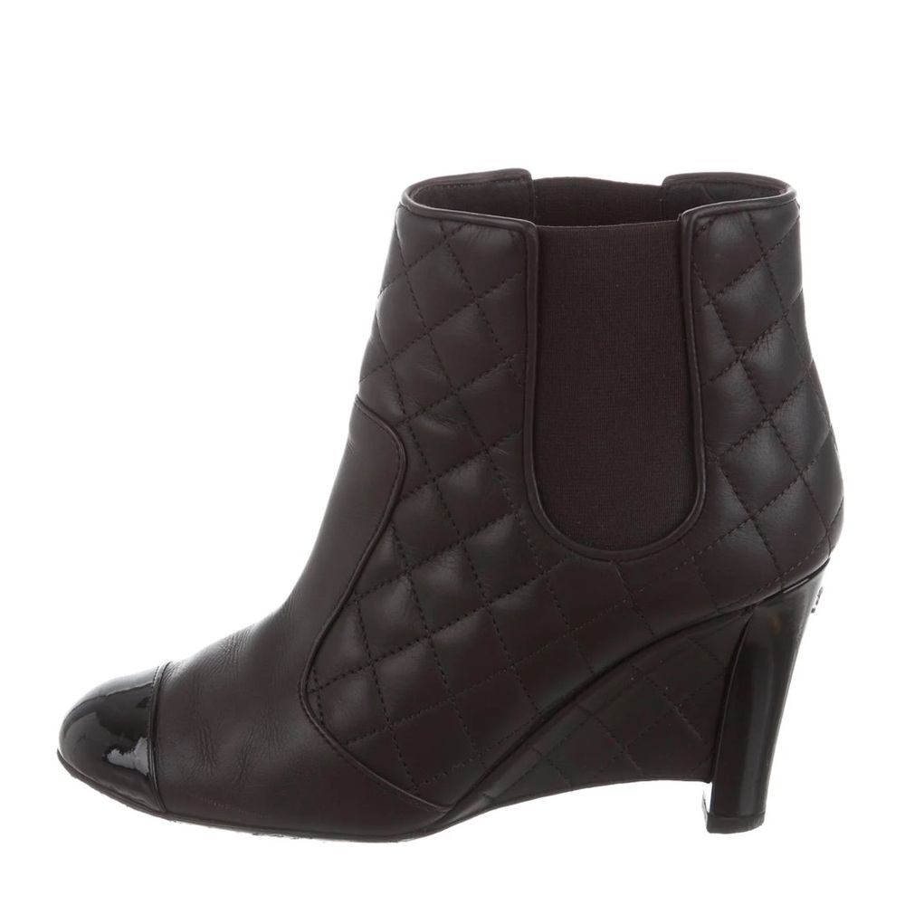 CHANEL Quilted Black Leather Ankle Booties with Patent Cap Toe